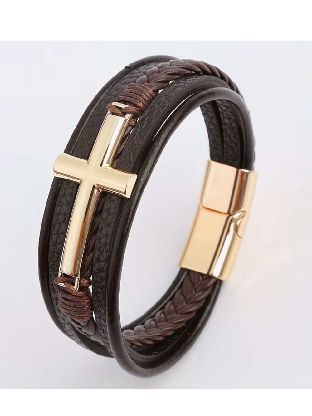 Leather Hand Woven Bracelet Men’s Brown Gold Cross Design Multi Layer BT6